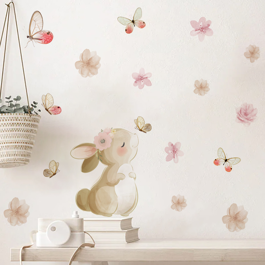 Baby Nursery Decor Girl - Cartoon Kaninchen Blumen Schmetterling Wandaufkleber Kinder