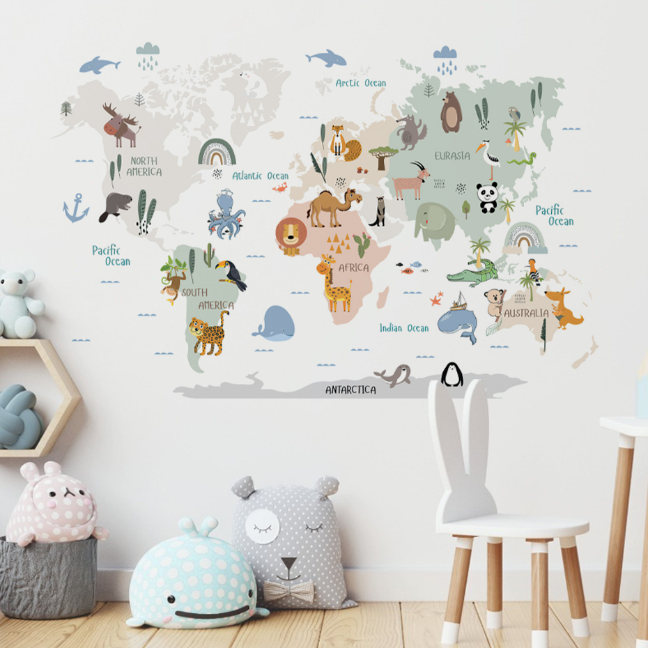 Baby Nursery Decor Girl - Aquarell Cartoon Weltkarte Wandaufkleber Tiere Wildtiere